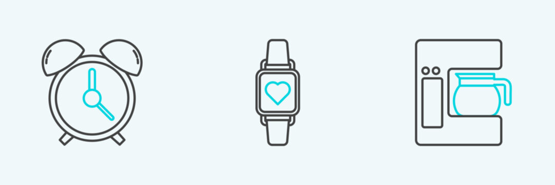 Set line Coffee machine with glass pot, Alarm clock and Smart watch showing heart beat rate icon. Vector