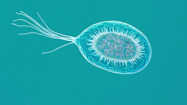 Microscopic view of Paramecium with cilia on turquoise background