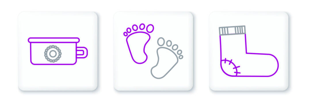 Set line Baby socks clothes, potty and footprints icon. Vector