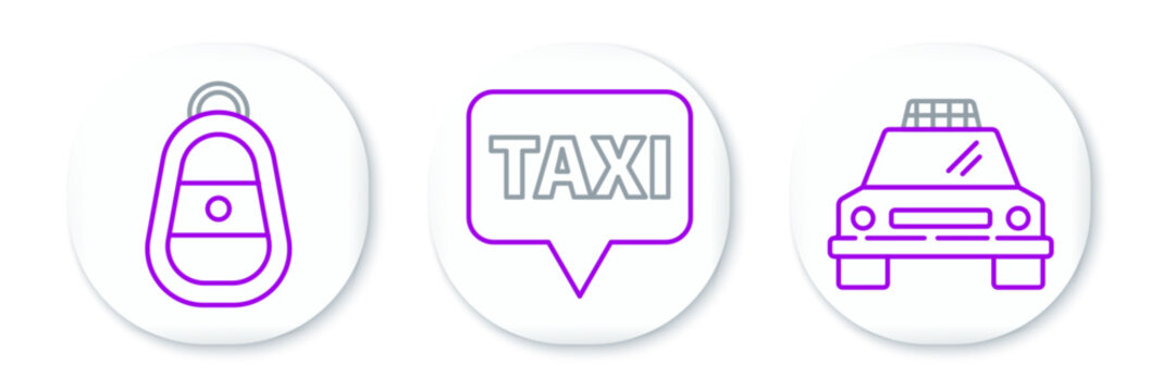 Set line Taxi car, Car key with remote and Map pointer taxi icon. Vector