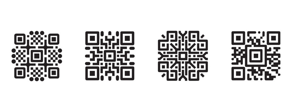 QR code designs on white background for scanning and encoding information digitally  various patterns and shapes