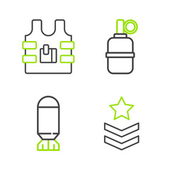 Obraz premium Set line Military rank, Aviation bomb, Hand grenade and Bulletproof vest icon. Vector