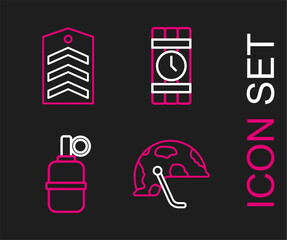 Obraz premium Set line Military helmet, Hand grenade, Dynamite timer clock and Chevron icon. Vector