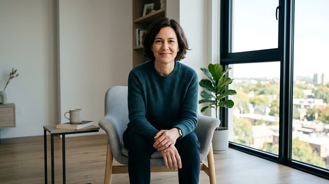 A smiling woman in her 30s sits relaxed in a comfortable armchair by a large window, looking directly at the camera