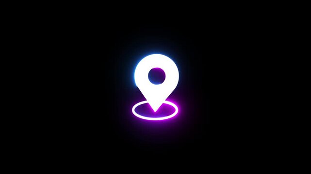 Neon pin map location icon animation glowing sign movement on dark black background seamless loop.