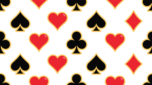 Seamless playing card suits background pattern vector with red hearts diamonds and black spades clubs for casino gambling wallpaper