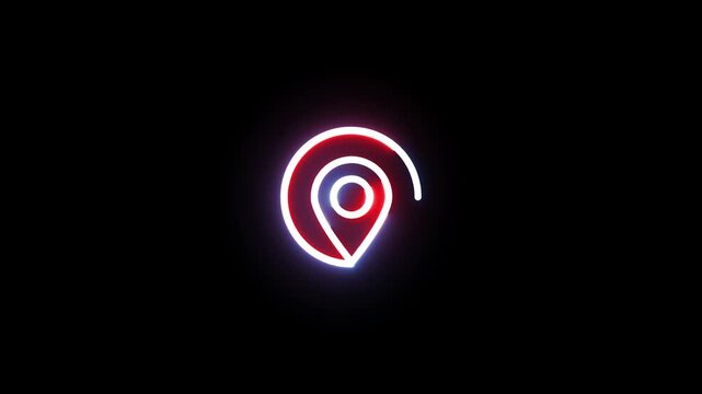 Neon location map pin icon pulsing with blue and red light isolated on black background.