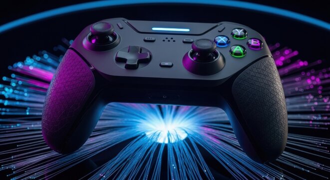 Gaming controller, futuristic gamepad, black controller, purple blue neon
