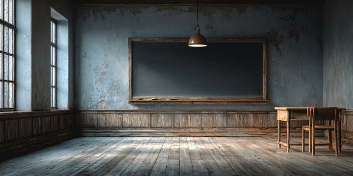 Vintage Classroom with Chalkboard Blue Benches and Windows