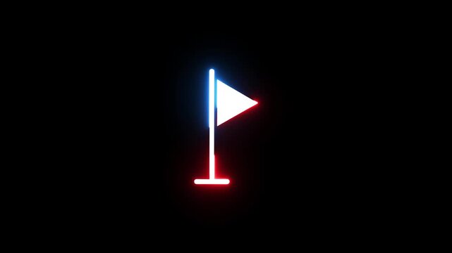 Glowing neon flag icon with vibrant red and blue lights isolated on black background motion.