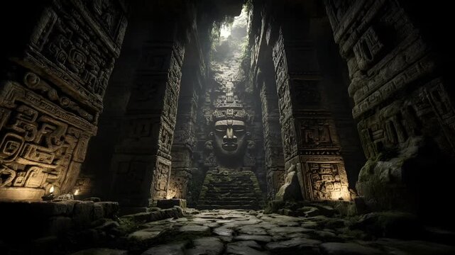Maya Aztec civilization, Mexico culture. Mysterious, fantasy. A dramatic, atmospheric portrayal of an ancient Mayan temple. The main subject is a large, intricately carved face.