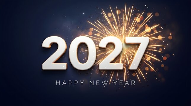 2027 happy new year celebration text with golden firework display on dark