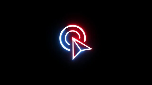 Neon cursor icon pulsating with bright red and blue light on dark black background motion.