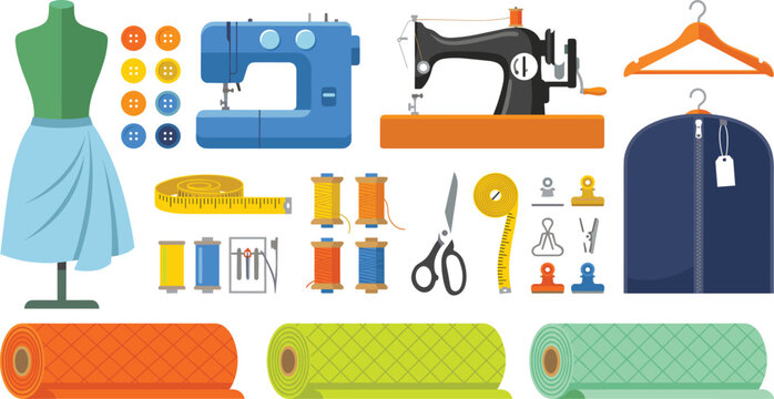 Sewing and tailoring workshop equipment set with machines fabric rolls mannequin buttons hanger scissors thread measuring tape flat vector illustration