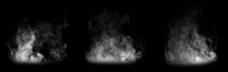 Fototapeta premium Isolated set of thick white smoke clouds on black background. High-quality realistic fog or steam plumes featuring dense texture for creative compositing, and dramatic graphic design projects.
