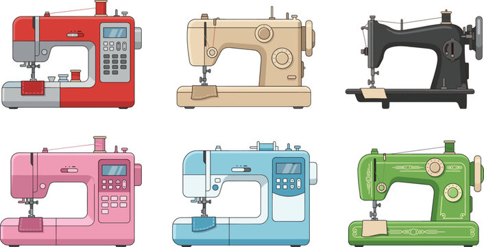Sewing machines vector set with modern electric and vintage retro equipment isolated on white background for tailoring craft design