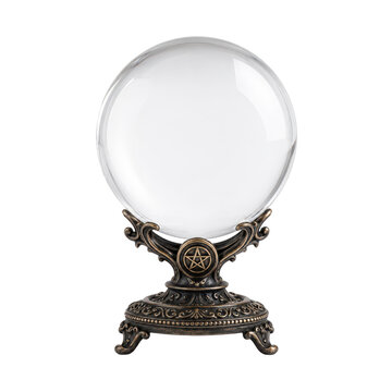 Mystical crystal ball on an ornate antique stand isolated on a white background, transparent glass scrying orb with decorative occult pedestal, fortune telling and divination concept, elegant 