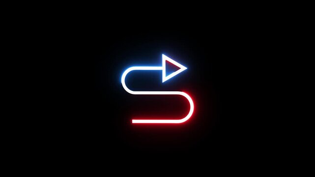 Neon undo next arrow button flickering on black background, seamless loop, 4k video.