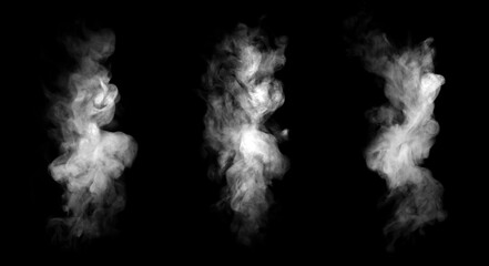 Isolated collection of realistic white smoke or steam plumes on black background. High-quality transparent overlay elements featuring soft, dynamic flowing shapes for VFX, and graphic design projects. © wasan