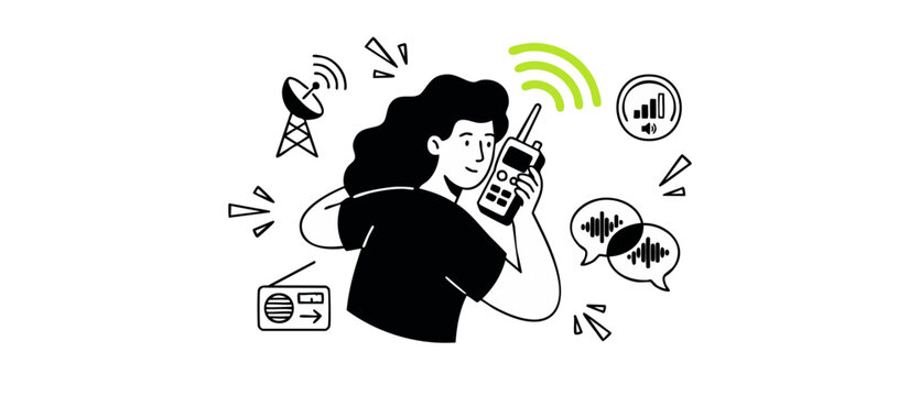 Woman using walkie talkie radio transceiver vector illustration with satellite dish, sound waves, and wireless signal icons, minimalist black and green line art style for telecommunication concept.