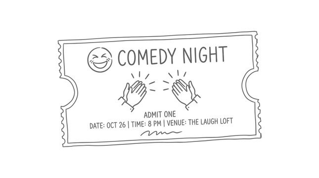 Hand-drawn Comedy Night Ticket with Laughing Face and Clapping Hands - Admit One