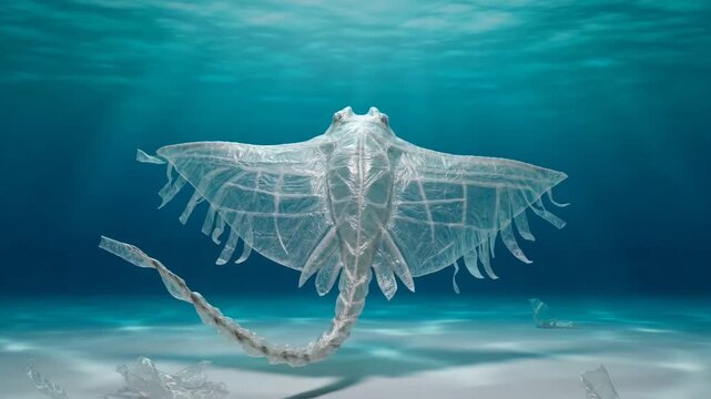 Recycled Plastic Manta Ray Sculpture Crafted from Plastic Bags with Translucent Wings in Ocean Conservation Concept, Recycled Plastic Manta Ray Sculpture for Environmental Awareness