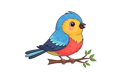 Obraz premium Colorful cartoon bird perched on a branch with vibrant red, blue, and yellow feathers. Perfect for kids designs, educational projects, stickers, and nature themes.