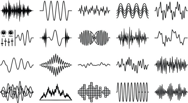Abstract audio soundwave vector icon set with digital signal equalizer frequency modulation waves electronic music synthesizer track layout