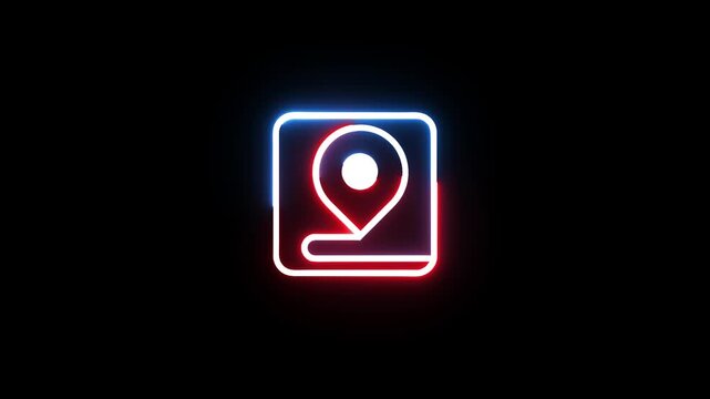Neon location map pin icon pulsing with red and blue light on dark black background motion.