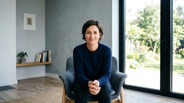 Confident woman sitting in an armchair indoors, looking directly at the camera with a warm and approachable expression