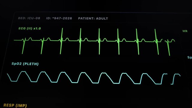 Medical monitor displaying stable vital signs, including heart rate, SpO2, and blood pressure.