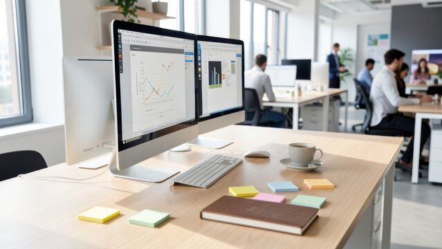 bright modern open plan office desk with sleek computer monitors coffee and yellow sticky notes for corporate advertising composition