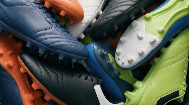 Assorted professional soccer cleats stacked together in a vibrant collection representing team sports and athletic performance gear for competitive players training on grass fields