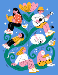 Naklejka premium Diverse group of friends relaxing outdoors in surreal garden environment with lifestyle community illustration colorful whimsical relaxation creative character together friendship activity