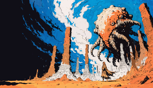 Surreal sci-fi scene featuring a giant octopus entity floating above desert pillars and a lone cloaked wanderer sci fi wanderer creature floating landscape monstrous traveler mysterious