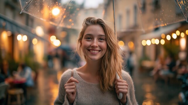Paris France Europe lifestyle. A portrait of a young woman standing in an urban setting, holding a transparent umbrella with raindrops. She wears a light gray sweater and has a cheerful expression.