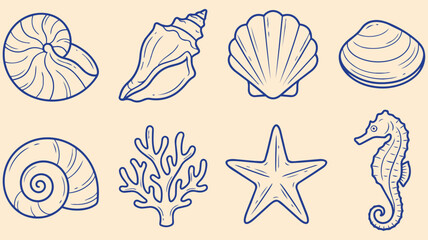 Sea shells collection hand drawn doodle set with nautilus shell scallop coral starfish seahorse ocean coastal marine vector illustration © jonty