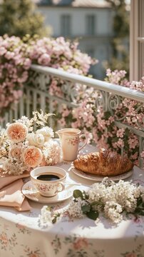 Paris France Europe lifestyle. A detailed, sunlit outdoor scene depicts a serene afternoon tea setting on a balcony. A tablecloth with a floral pattern is the main subject. A croissant.