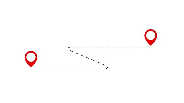 Two red location pin icon animations connected by dotted path on white background and green screen. 4K animated for business video, motion graphics on white background
