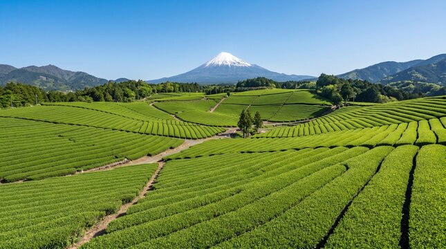 A breathtaking landscape view of sprawling vibrant green tea plantations under a clear blue sky, featuring the majestic snow-capped peak of Mount Fuji in the background in Shizuoka, Japan.