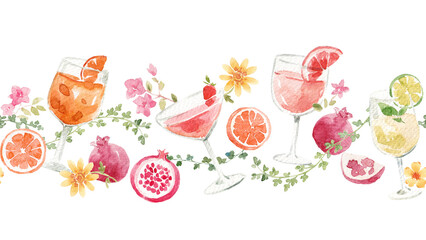 Watercolor Seamless Horizontal Pattern with Cocktails and Fruits © Zenina-Lembrik