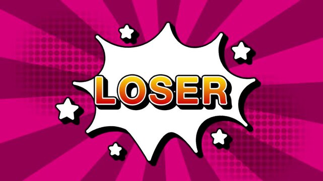 Loser text word lettering popup comic cartoon reveal with bomb and smoke explosion manga anime book page dots radial speed lines doodle pink background seamless loop vertical animation retro game
