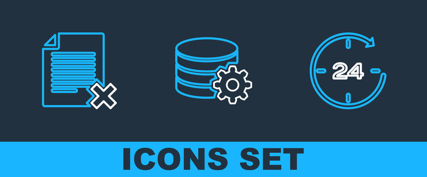 Set line Clock 24 hours, Delete file document and Setting database server icon. Vector