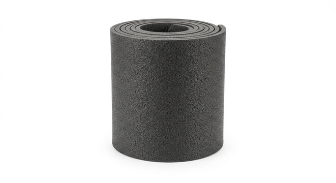 Close up of a rolled up black rubber mat on a white background.