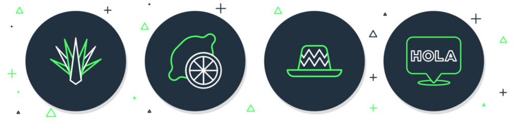 Set line Lemon, Mexican sombrero, Agave and Hola icon. Vector © vector_v