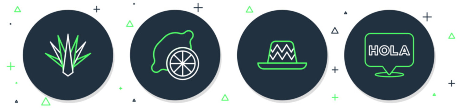 Set line Lemon, Mexican sombrero, Agave and Hola icon. Vector