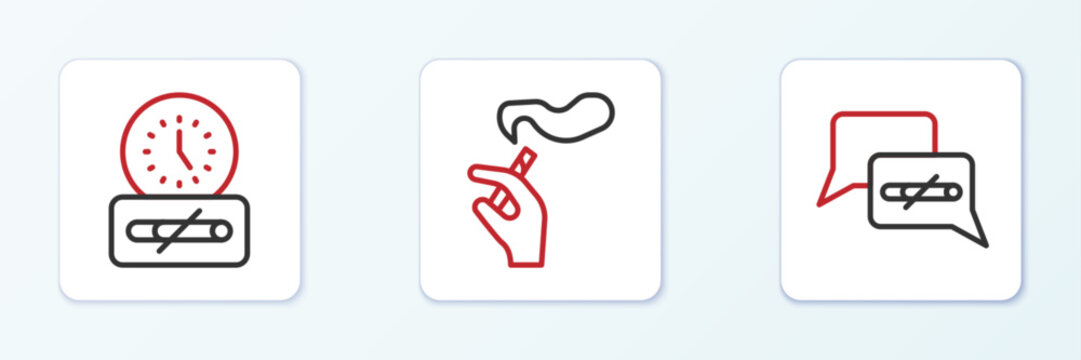 Set line No smoking, time and Hand with cigarette icon. Vector