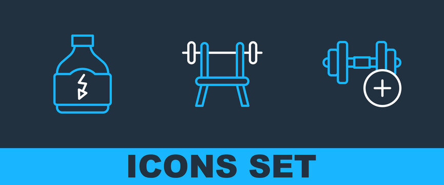 Set line Dumbbell, Sports nutrition and Bench with barbell icon. Vector