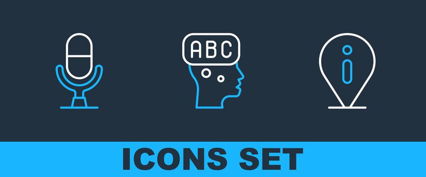 Set line Information, Microphone voice device and Learning foreign languages icon. Vector