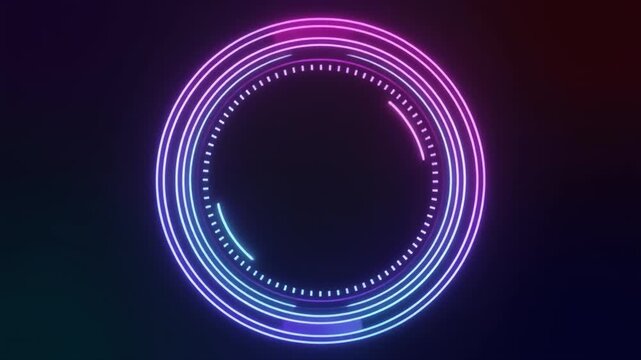 Glowing neon circle with concentric rings and dotted inner circle on a dark background light abstract